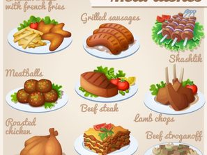 9 cartoon Western meal, meat, menu design vector