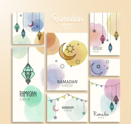7 water colour Ramadan cards vector