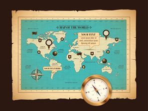vintage world maps and compass vector, map