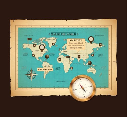 vintage world maps and compass vector, map