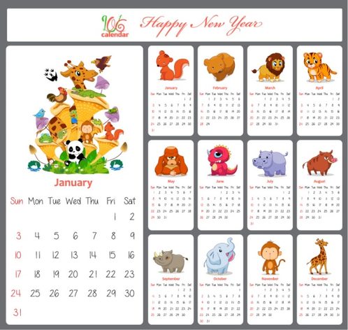 2016 cartoon animals calendar vector map